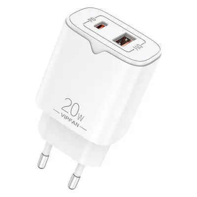 Vipfan Síťová nabíječka VFAN E08, USB + USB-C, 20W PD + QC 3.0 (bílá)