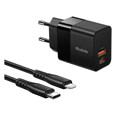 Nástěnná rychlonabíječka Mcdodo CH-1952 USB + USB-C, 20W + kabel USB-C na Lightning (černá)