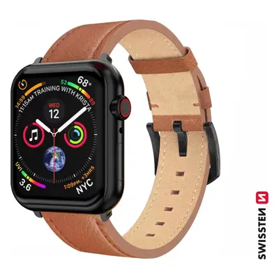 SWISSTEN ŘEMÍNEK PRO APPLE WATCH KOŽENÝ 42 / 44 / 45 / 49 mm HNĚDÝ (černá spona a černé poutko)