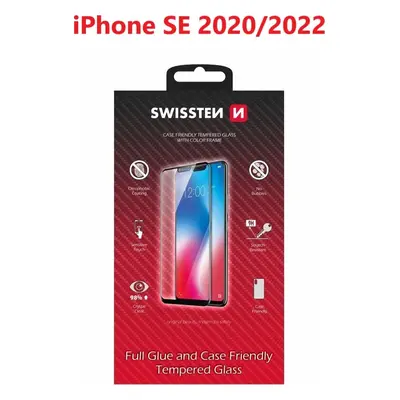 SKLO SWISSTEN FULL GLUE, COLOR FRAME, CASE FRIENDLY PRO APPLE IPHONE SE 2020/SE 2022 ČERNÉ