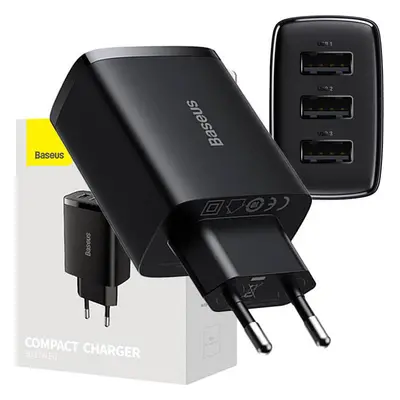 Baseus Kompaktní rychlonabíječka Baseus, 3x USB, 17 W (černá)