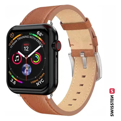 SWISSTEN ŘEMÍNEK PRO APPLE WATCH KOŽENÝ 42 / 44 / 45 / 49 mm HNĚDÝ (stříbrná spona a stříbrné po