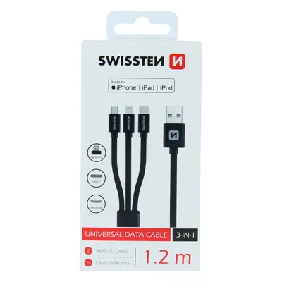 DATOVÝ KABEL SWISSTEN TEXTILE 3in1 MFi 1,2 M ČERNÝ (Lightning, USB-C, Micro USB)