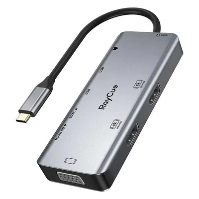 Hub 9v1 RayCue USB-C na 2x USB-A 3.0 5Gb/s + 2x SD/TF 3.0 + 2x HDMI 4K30Hz + VGA 1080p + jack 3,