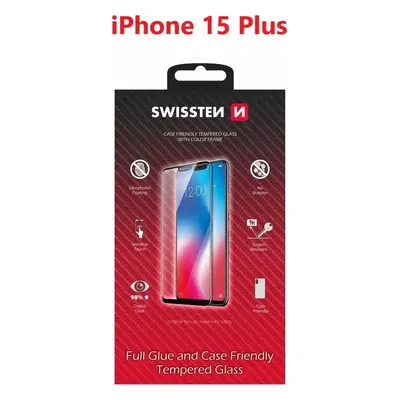 SKLO SWISSTEN FULL GLUE, COLOR FRAME, CASE FRIENDLY PRO APPLE IPHONE 15 PLUS ČERNÉ