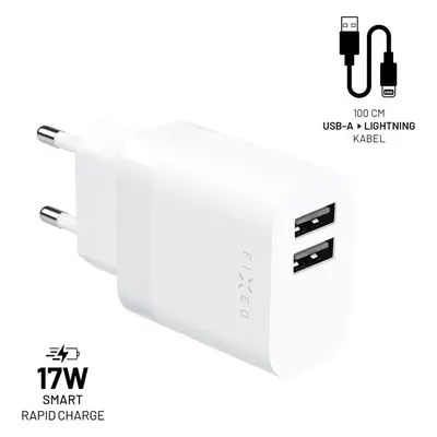 Set síťové nabíječky FIXED s 2xUSB výstupem a USB/Lightning kabelu, 1 metr, MFI, 17W Smart Rapid