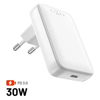 Síťová GaN nabíječka FIXED Slim s USB-C výstupem a podporou PD, 30W, bílá