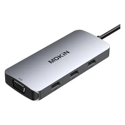 Adaptér MOKiN 7v1 Hub USB-C na 2x HDMI + 3x USB 2.0 + DP + VGA (stříbrný)