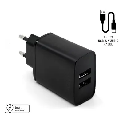 Set síťové nabíječky FIXED s 2xUSB výstupem a USB/USB-C kabelu, 1 metr, 15W Smart Rapid Charge, 