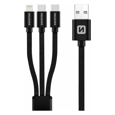 SWISSTEN DATOVÝ KABEL TEXTILE 3in1 1,2 M ČERNÝ (Lightning, 2x USB-C)