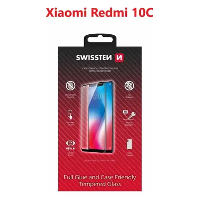 SKLO SWISSTEN FULL GLUE, COLOR FRAME, CASE FRIENDLY PRO XIAOMI REDMI 10C ČERNÉ