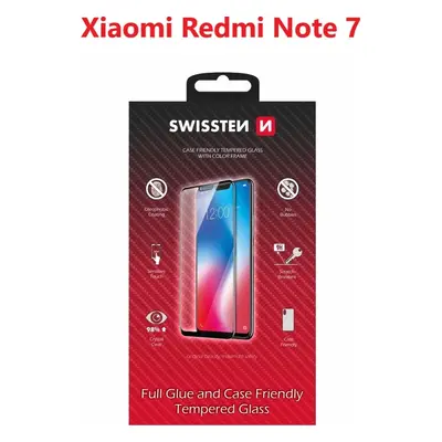 SKLO SWISSTEN FULL GLUE, COLOR FRAME, CASE FRIENDLY PRO XIAOMI REDMI NOTE 7 ČERNÉ