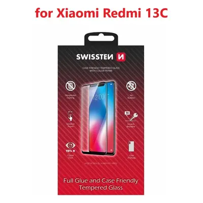 SKLO SWISSTEN FULL GLUE, COLOR FRAME, CASE FRIENDLY PRO XIAOMI REDMI 13C ČERNÉ