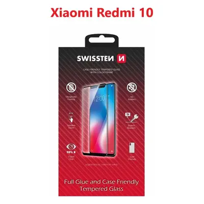 SKLO SWISSTEN FULL GLUE, COLOR FRAME, CASE FRIENDLY PRO XIAOMI REDMI 10 LTE ČERNÉ