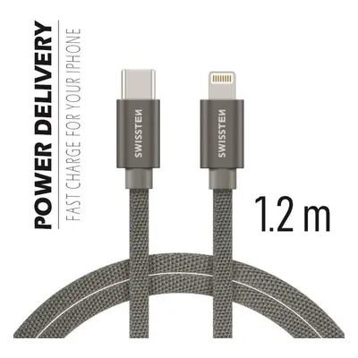 DATOVÝ KABEL SWISSTEN TEXTILE USB-C / LIGHTNING 1,2 M ŠEDÝ