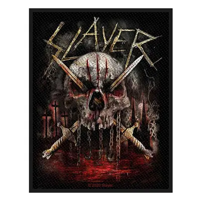 Slayer tkaná nášivka PES 100x50 mm, Skull & Swords