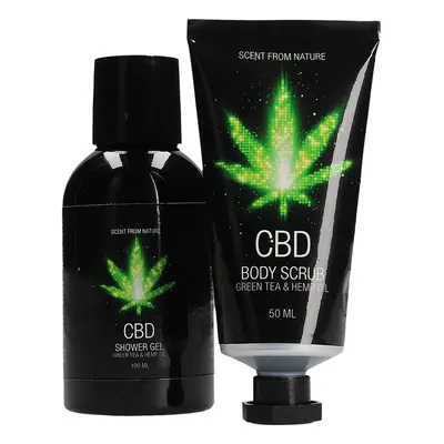 CBD Travel Set sprchový gel a peeling s obsahem zeleného čaje a konopného oleje