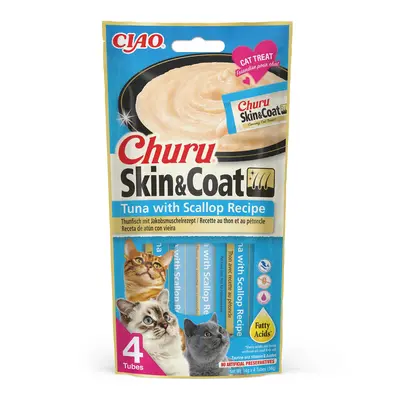 Inaba Cat Ciao Churu Skin & Coat krémové krmivo pro kočky - tuňák, hřebenatky x (4 x g)