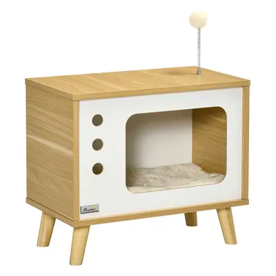 PawHut Domeček pro kočky v TV designu 50x28x43 cm | béžový + bílý + dub