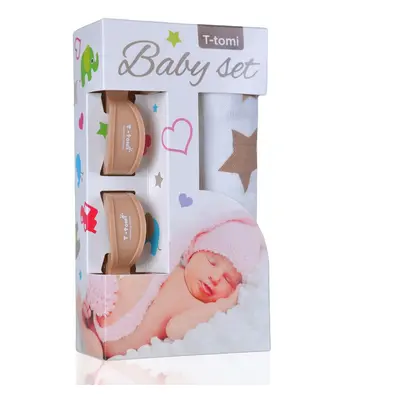 T-TOMI Baby set - bambusová osuška beige stars / béžové hvězdičky + kočárkový kolíček beige / bé