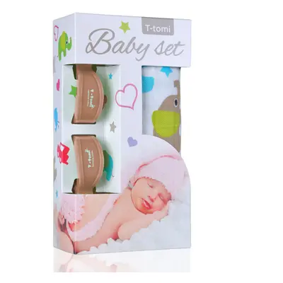 T-TOMI Baby set - bambusová osuška green elephants / zelení sloni + kočárkový kolíček beige / bé