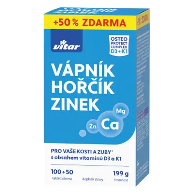 Vitar Vápník - hořčík - zinek + vitaminy D3 a K1, 100 + 50 tablet