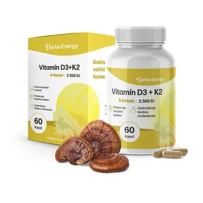 Herbs Energy Vitamín D3 + K2 s Reishi (2 500 IU), 60 kapslí