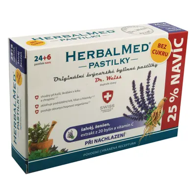 Dr. Weiss HerbalMed Šalvěj + ženšen + vitamin C BEZ CUKRU, 24+6 pastilek