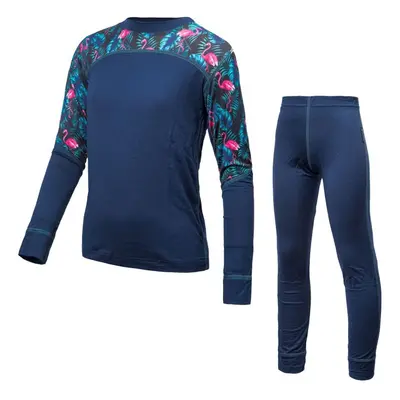 SENSOR MERINO IMPRESS SET dětský triko dl.rukáv + spodky deep blue/floral