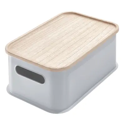 Šedý úložný box s víkem ze dřeva paulownia iDesign Eco Handled, 21,3 x 30,2 cm