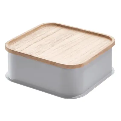 Šedý úložný box s víkem ze dřeva paulownia iDesign Eco, 21,3 x 21,3 cm