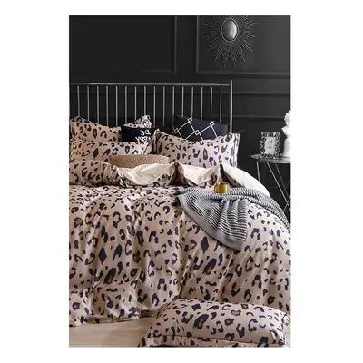 Hnědé prodloužené čtyřdílné bavlněné povlečení na dvoulůžko s prostěradlem 200x220 cm Leopard – 