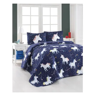 Set prošívaného přehozu a 2 povlaků na polštáře Eponj Home Magic Unicorn Dark Blue, 200 x 220 cm