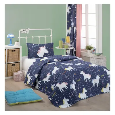 Set přehozu přes postel a povlaku na polštář s příměsí bavlny Eponj Home Magic Unicorn Dark Blue