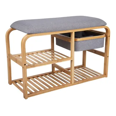 Bambusový botník s šedým polstrováním Leitmotiv Bench, šířka 70 cm