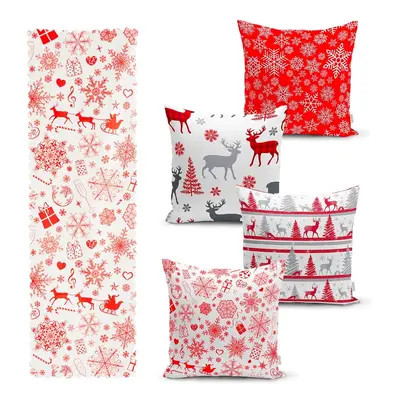 Sada 4 vánočních povlaků na polštář a běhounu na stůl Minimalist Cushion Covers Red Snowflake