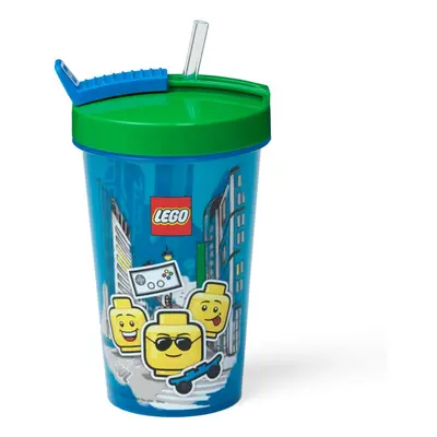 Modrý kelímek se zeleným víčkem a brčkem LEGO® Iconic, 500 ml