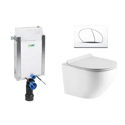 Liv-Fluidmaster Wc set Ring Wall podmítková nádrž do zdiva, rimless mísa, sedátko a bílé tlačítk