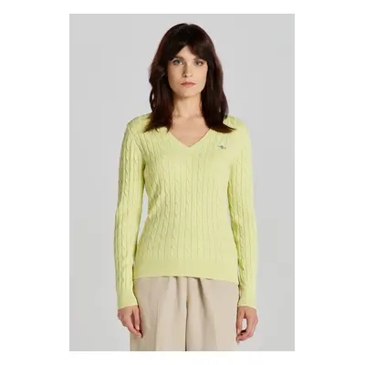 SVETR GANT STRETCH COTTON CABLE V-NECK PASTEL LIME