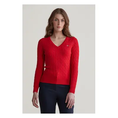 SVETR GANT STRETCH COTTON CABLE V-NECK RUBY RED