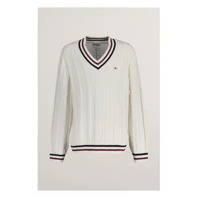 SVETR GANT STRIPED CABLE V-NECK EGGSHELL