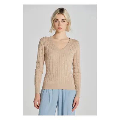 SVETR GANT STRETCH COTTON CABLE V-NECK DRY SAND