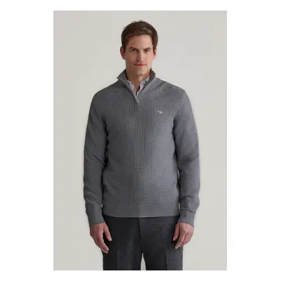 SVETR GANT COTTON TEXTURED HALF ZIP DARK GREY MELANGE