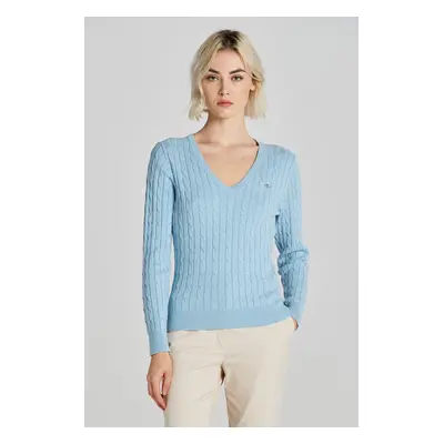 SVETR GANT STRETCH COTTON CABLE V-NECK DOVE BLUE