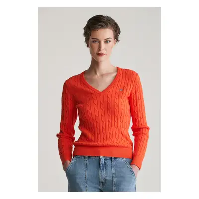 SVETR GANT STRETCH COTTON CABLE V-NECK ORANGE RED