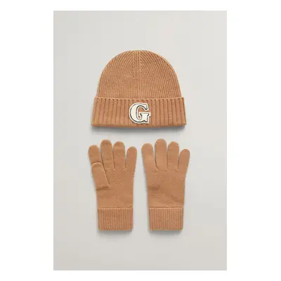 SET ČEPICE A RUKAVICE GANT G BADGE BEANIE & GLOVES GIFT SET WARM KHAKI