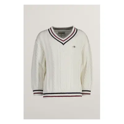 SVETR GANT STRIPED CABLE KNIT V-NECK EGGSHELL