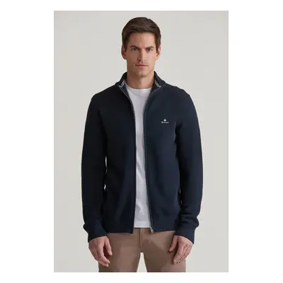 SVETR GANT COTTON PIQUE ZIP CARDIGAN DENIM BLUE MELANGE