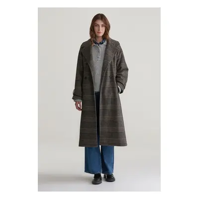 KABÁT GANT LARGE CHECKED WOOL TRENCH COAT BLACK