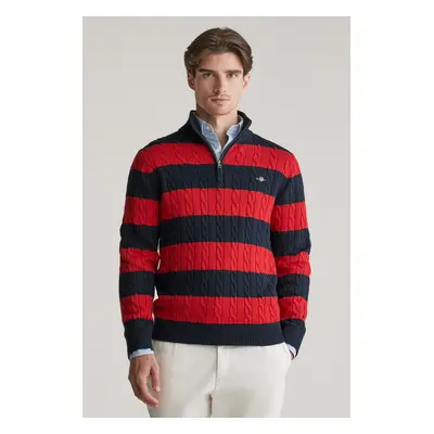 SVETR GANT STRIPED COTTON CABLE HALF ZIP RUBY RED